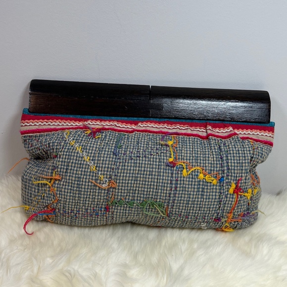 Women's Free People Quilt Embroidered Wood Handle Boho Clutch - Picture 2 of 15